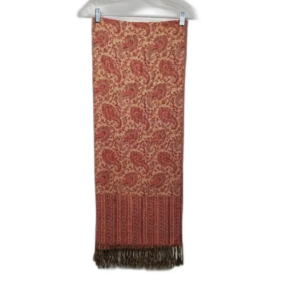 Pashmina Scarf Double Sided Paisley Red Gold Silk Blend Women One Size Shawl
